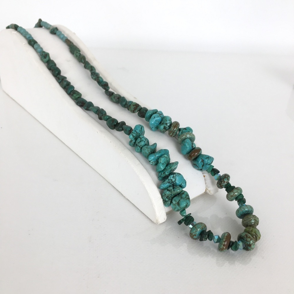Turquoise Nugget Southwestern Necklace Long Single Strand Beaded Handmade
